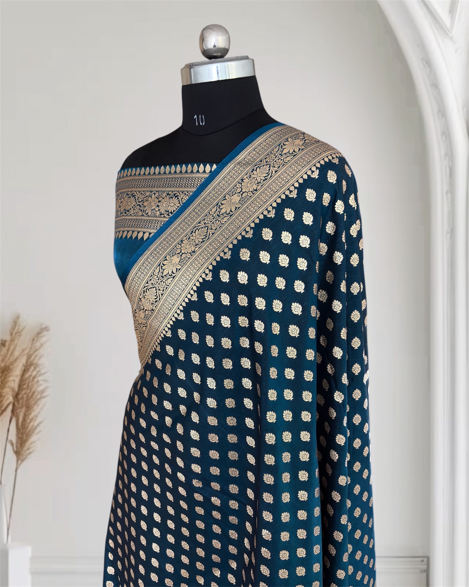 Dark Blue Satin Silk Banarasi Motif Saree