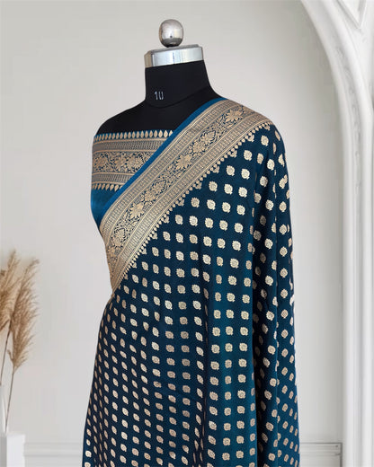 Dark Blue Satin Silk Banarasi Motif Saree