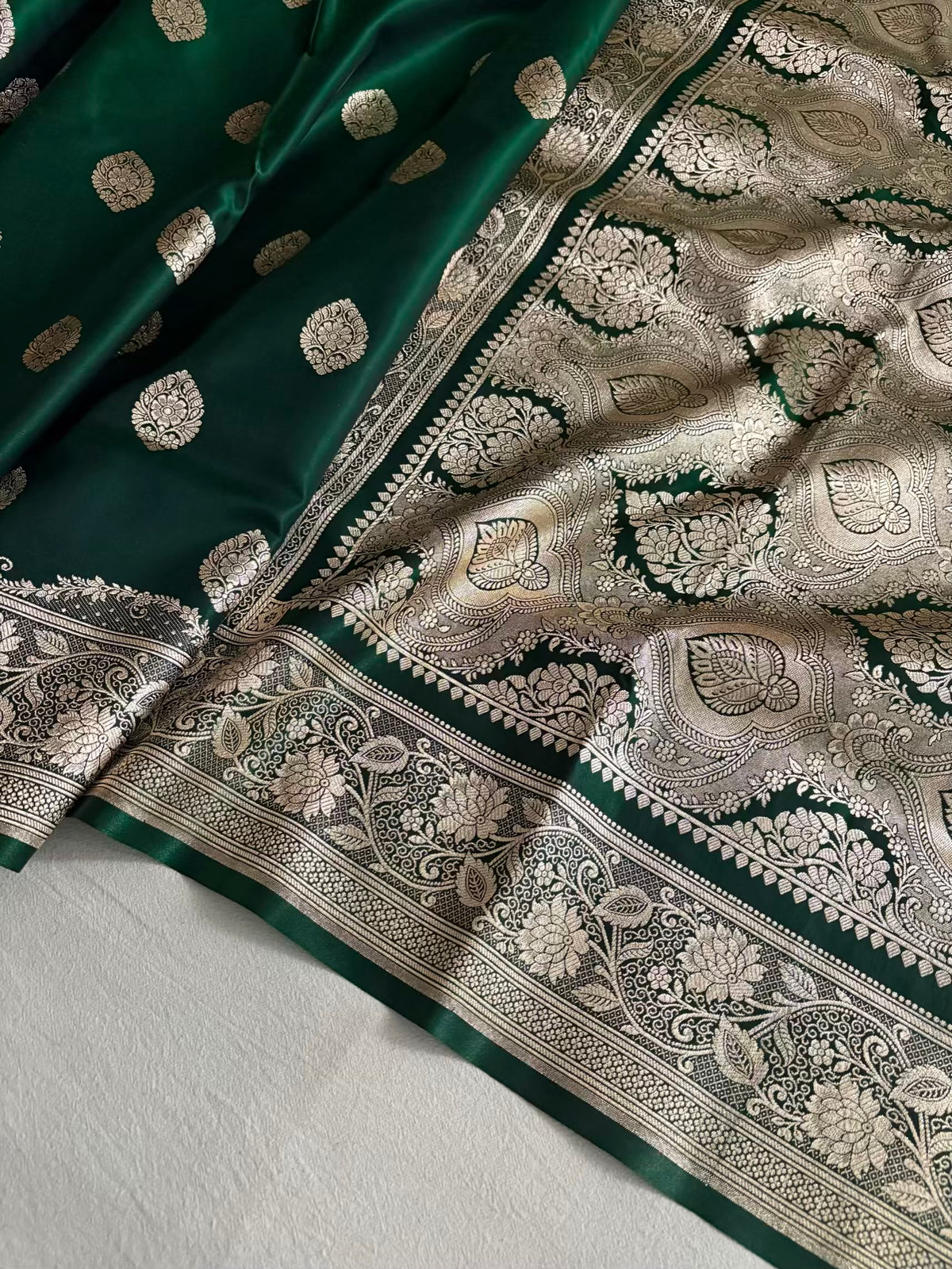 Dark Green Satin Silk Banarasi Saree Jhaad Motif
