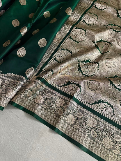 Dark Green Satin Silk Banarasi Saree Jhaad Motif