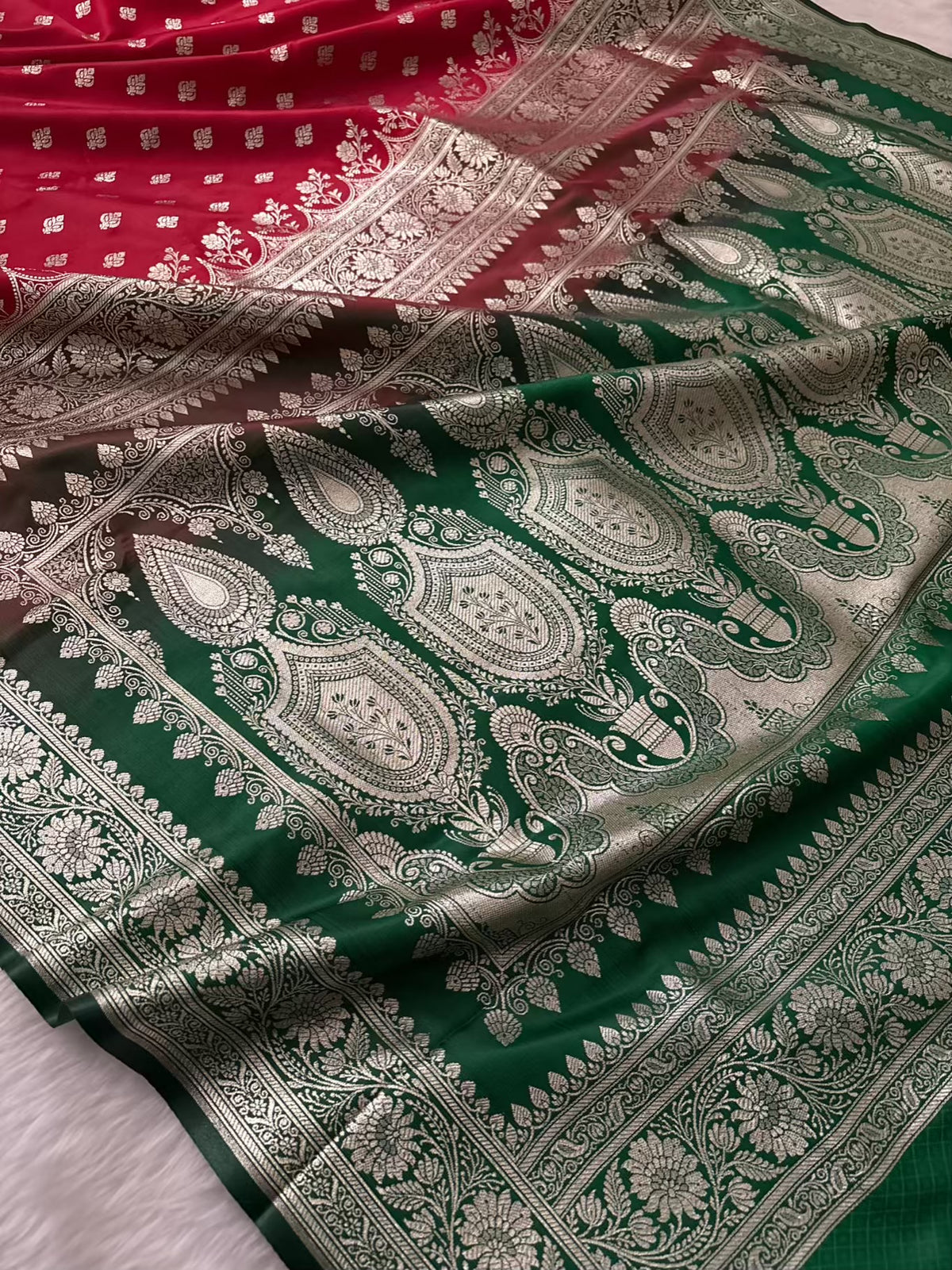 Red & Green Buti Satin Silk Banarasi Saree