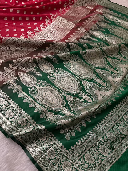 Red & Green Buti Satin Silk Banarasi Saree