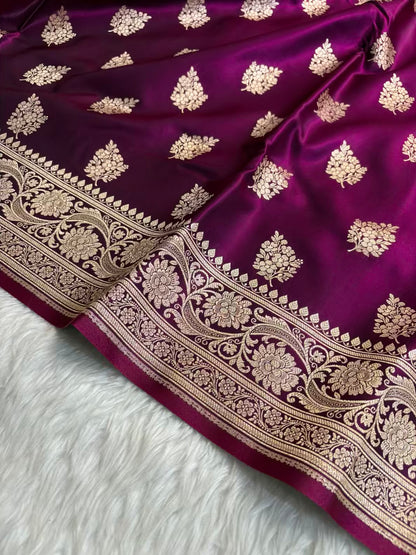 Wine Shaded New Motif Satin Silk Banarasi Saree.
