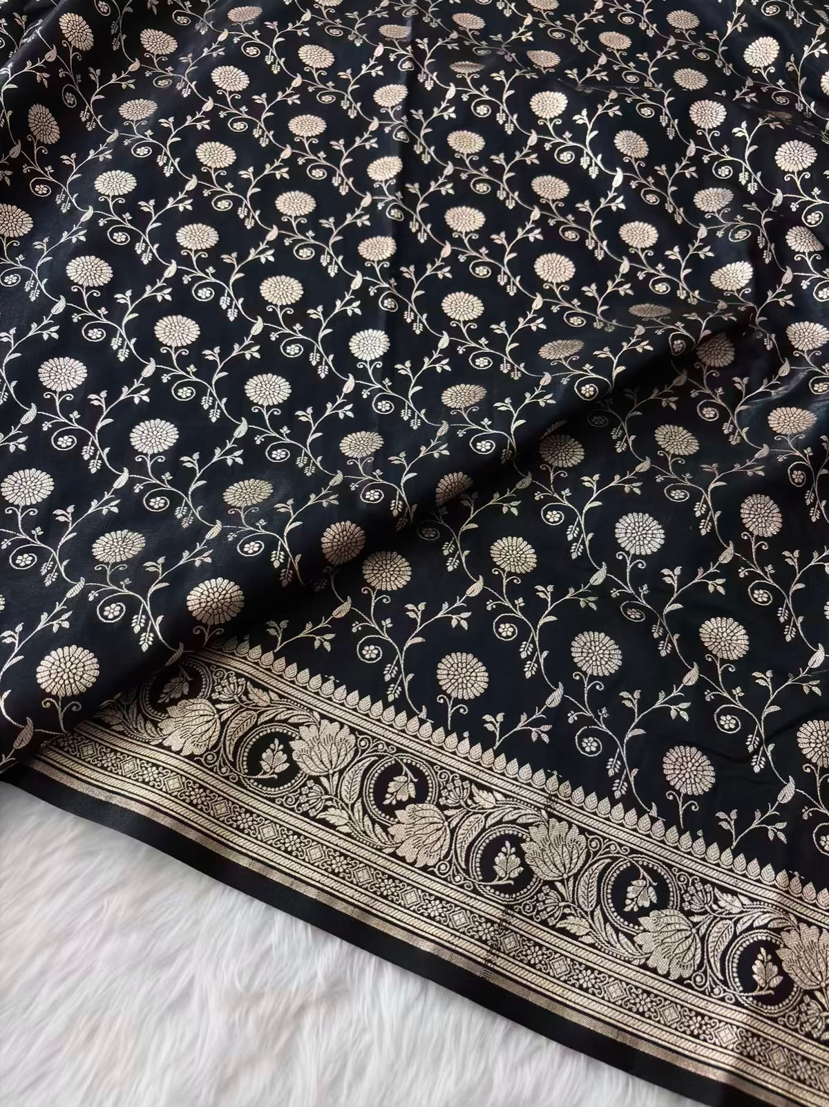 Black Satin Silk Banarasi Saree In Marigold Jaal