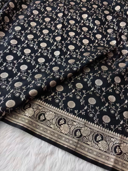 Black Satin Silk Banarasi Saree In Marigold Jaal