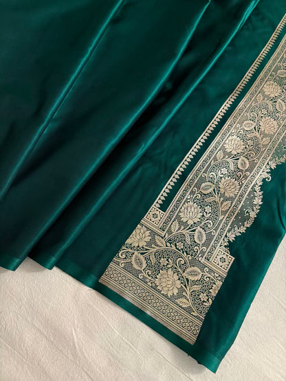 Teal Green Satin Silk Banarasi Saree Jhaad Motif