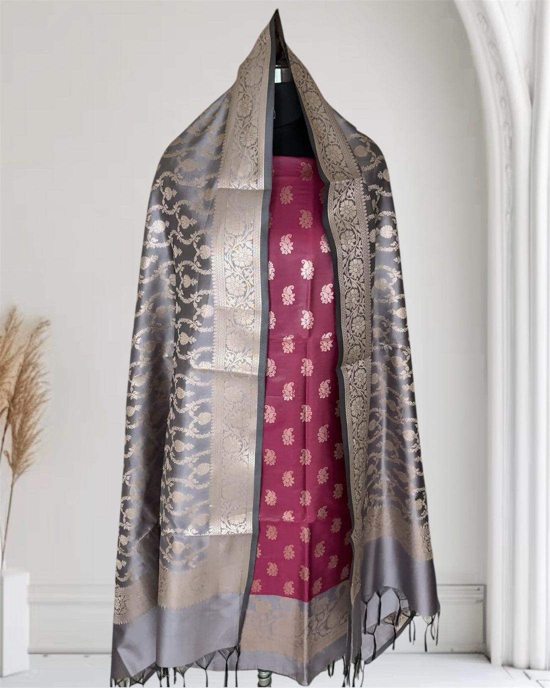 Grey and Rani Satin Silk Banarasi Suit
