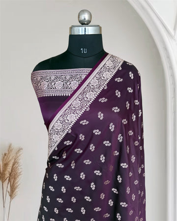 Deep Purple Star Motif Soft Kataan Silk Banarasi Saree In Silver Zari