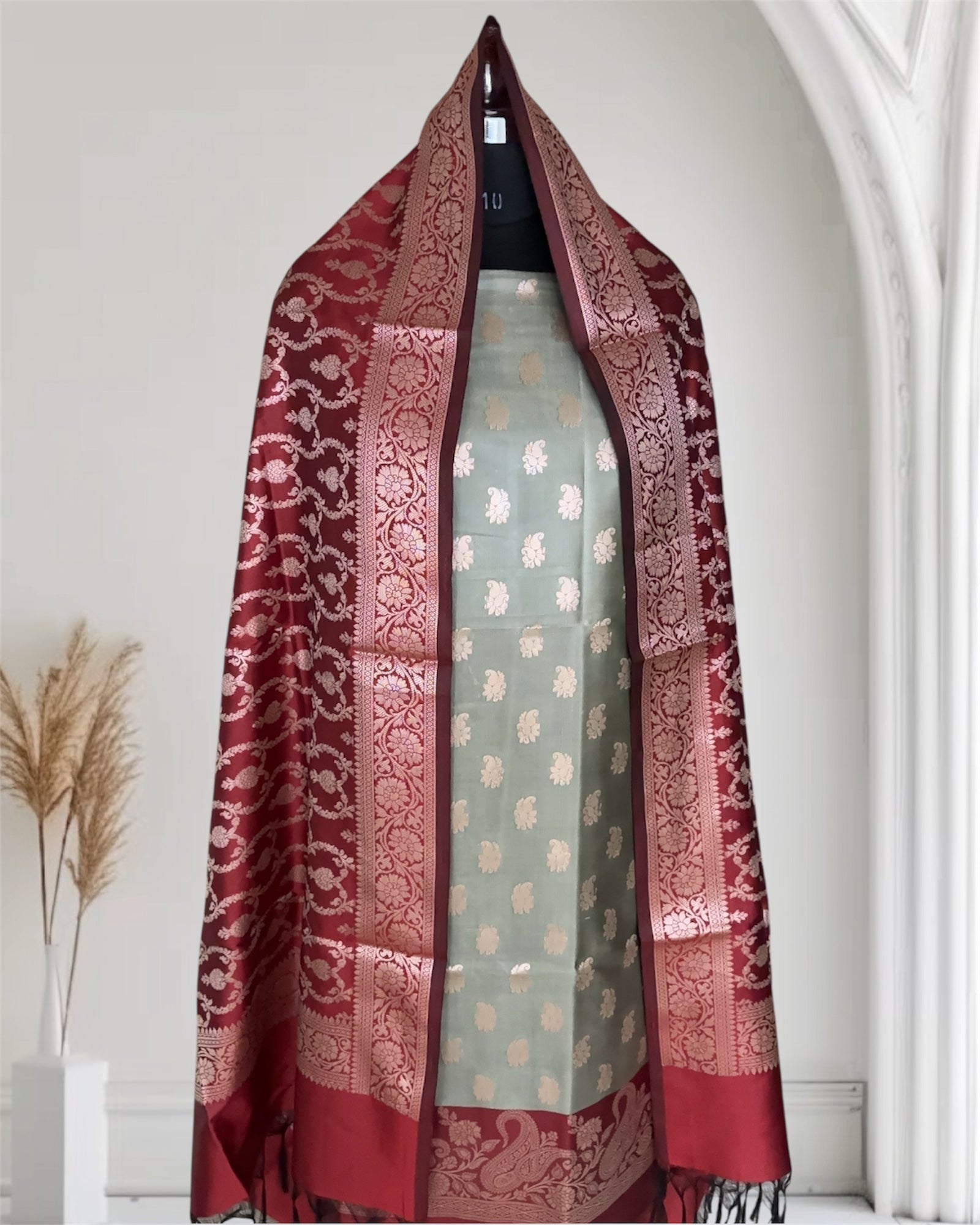 Red and Pista Satin Silk Banarasi Suit