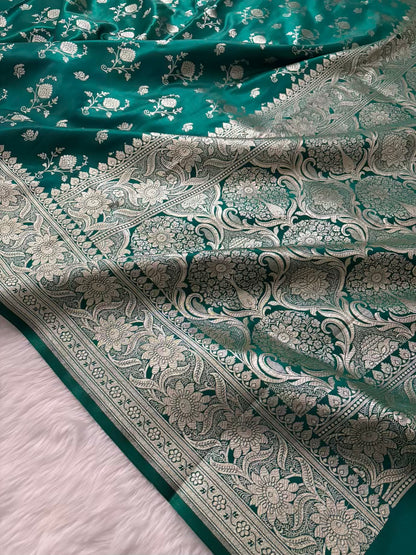Rama Green Floral Buti Satin Silk Banarasi Saree