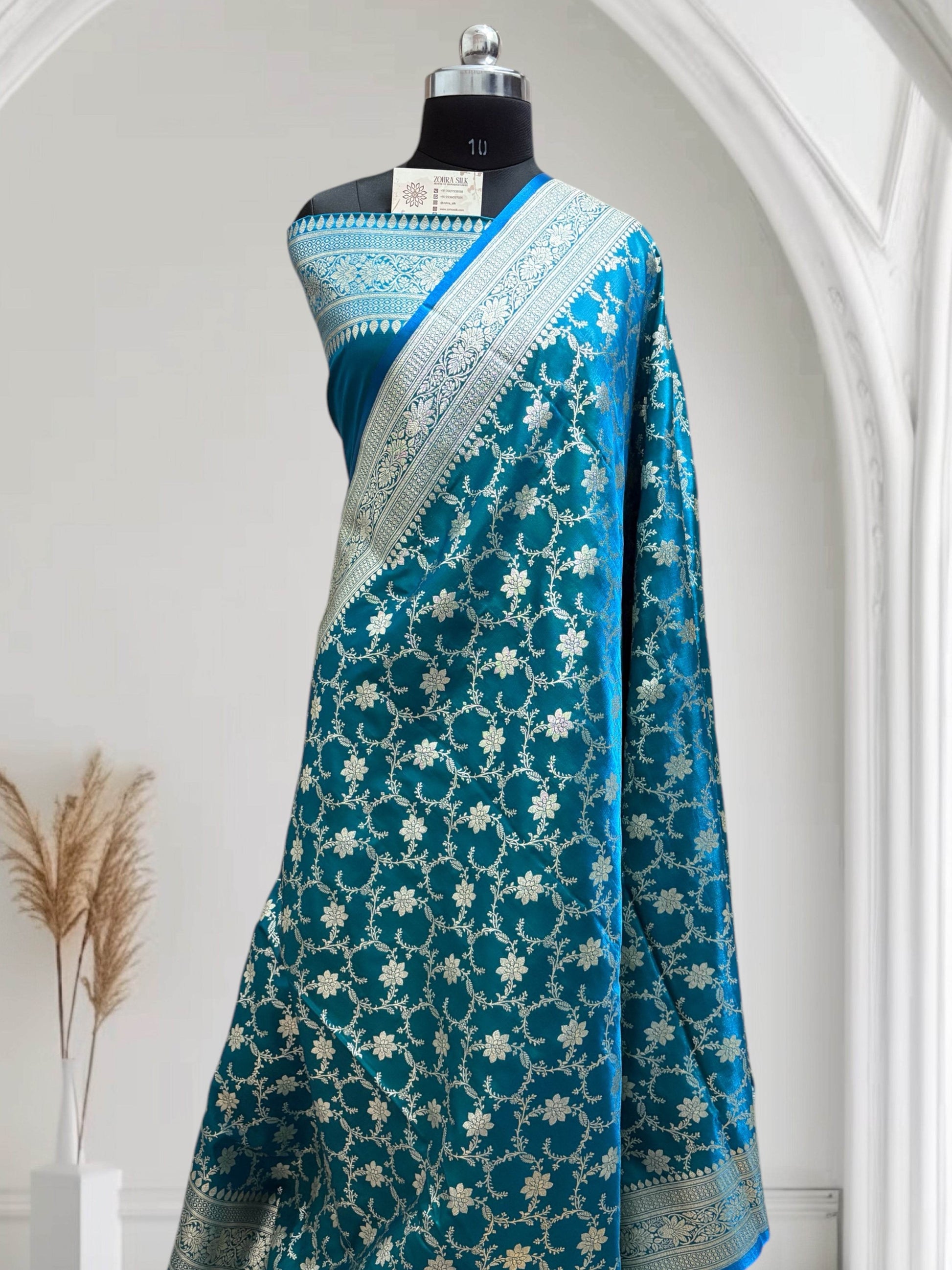 Blue-Green Jaal Pattern Satin Silk - Zohra Silk