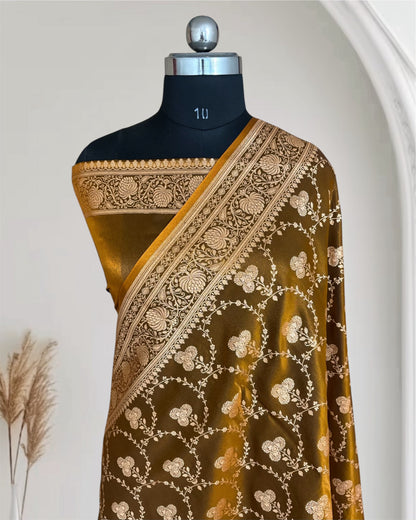 Satin Silk Saree Banarasi Jaal in Mehendi Shades