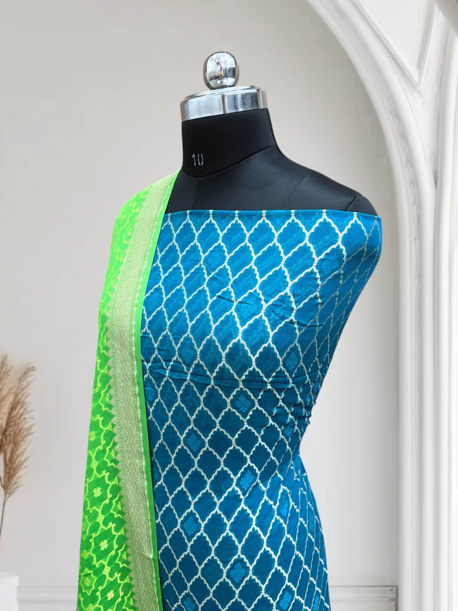 Firoza & Lime Green Pure Chiffon Georgette Banarasi Suit - Zohra Silk