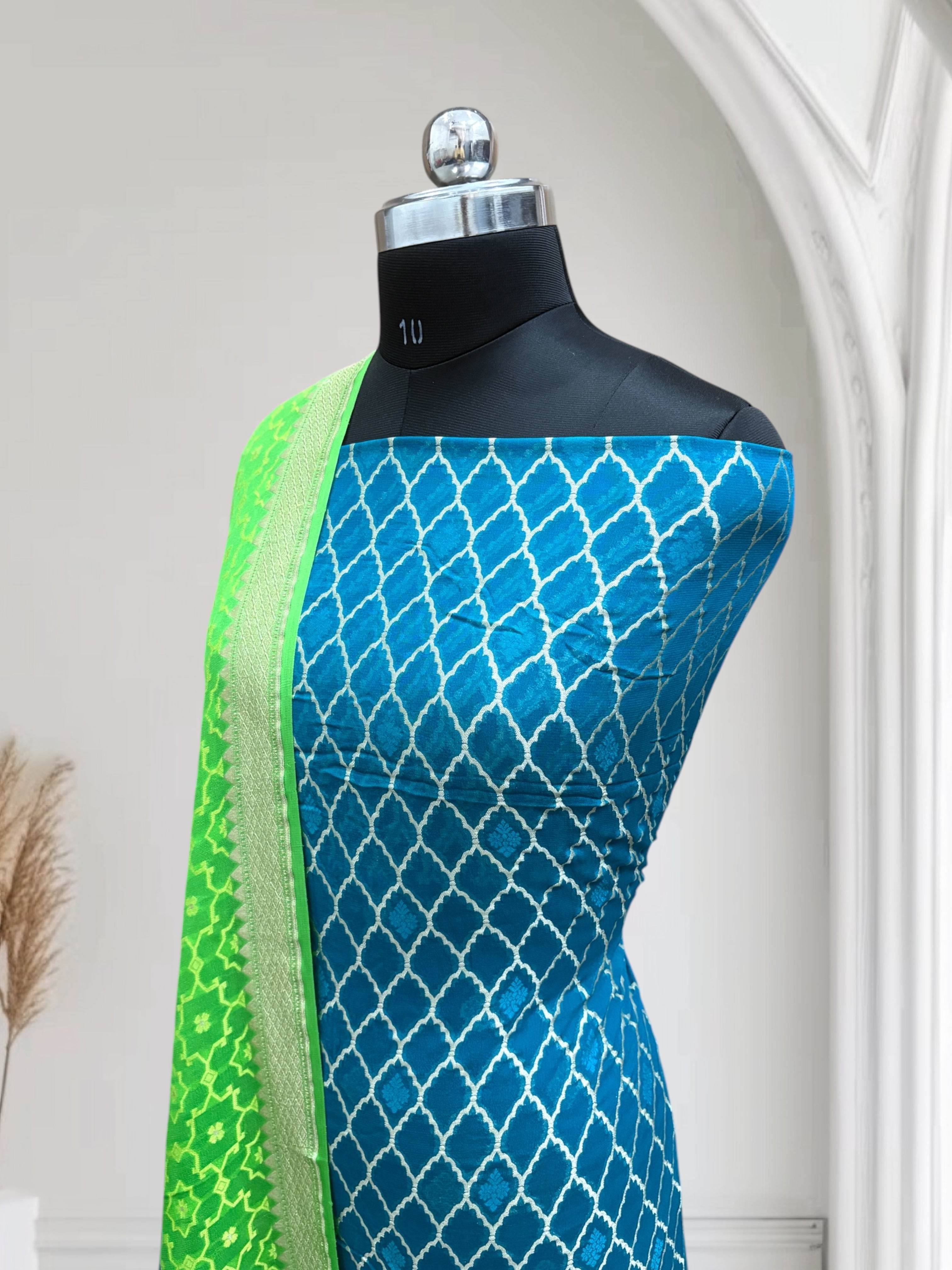 Firoza & Lime Green Pure Chiffon Georgette Banarasi Suit - Zohra Silk