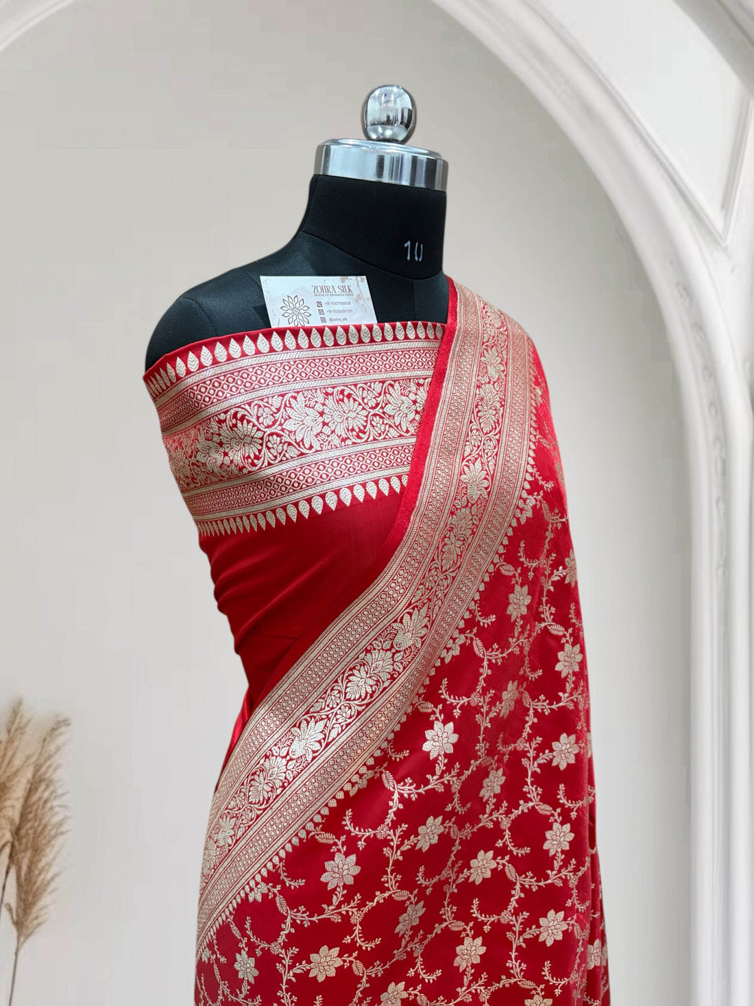 Satin Silk Banarasi Saree in Red - Zohra Silk