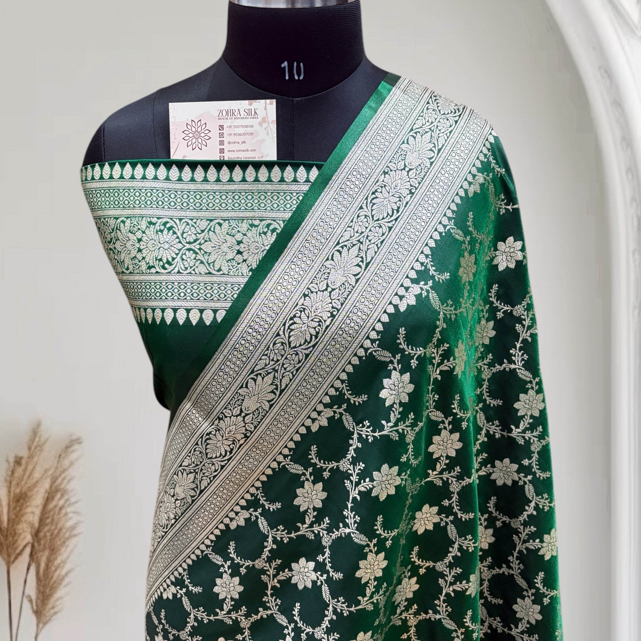 Dark Green With Shaded Jaal Pattern Satin Silk Saree - Zohra Silk