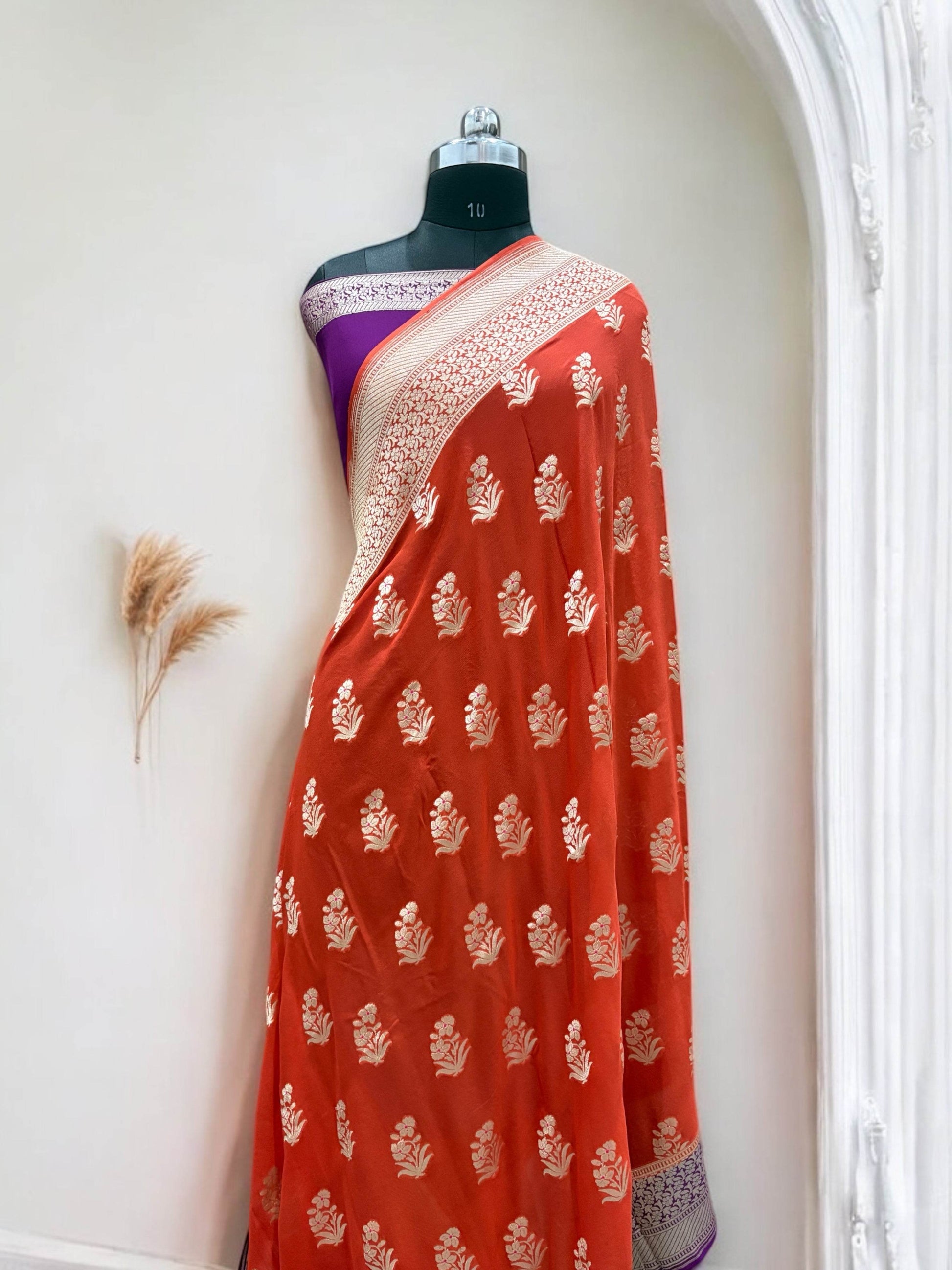 Orange & Violet Chiffon Pure Georgette Banarasi Saree - Zohra Silk