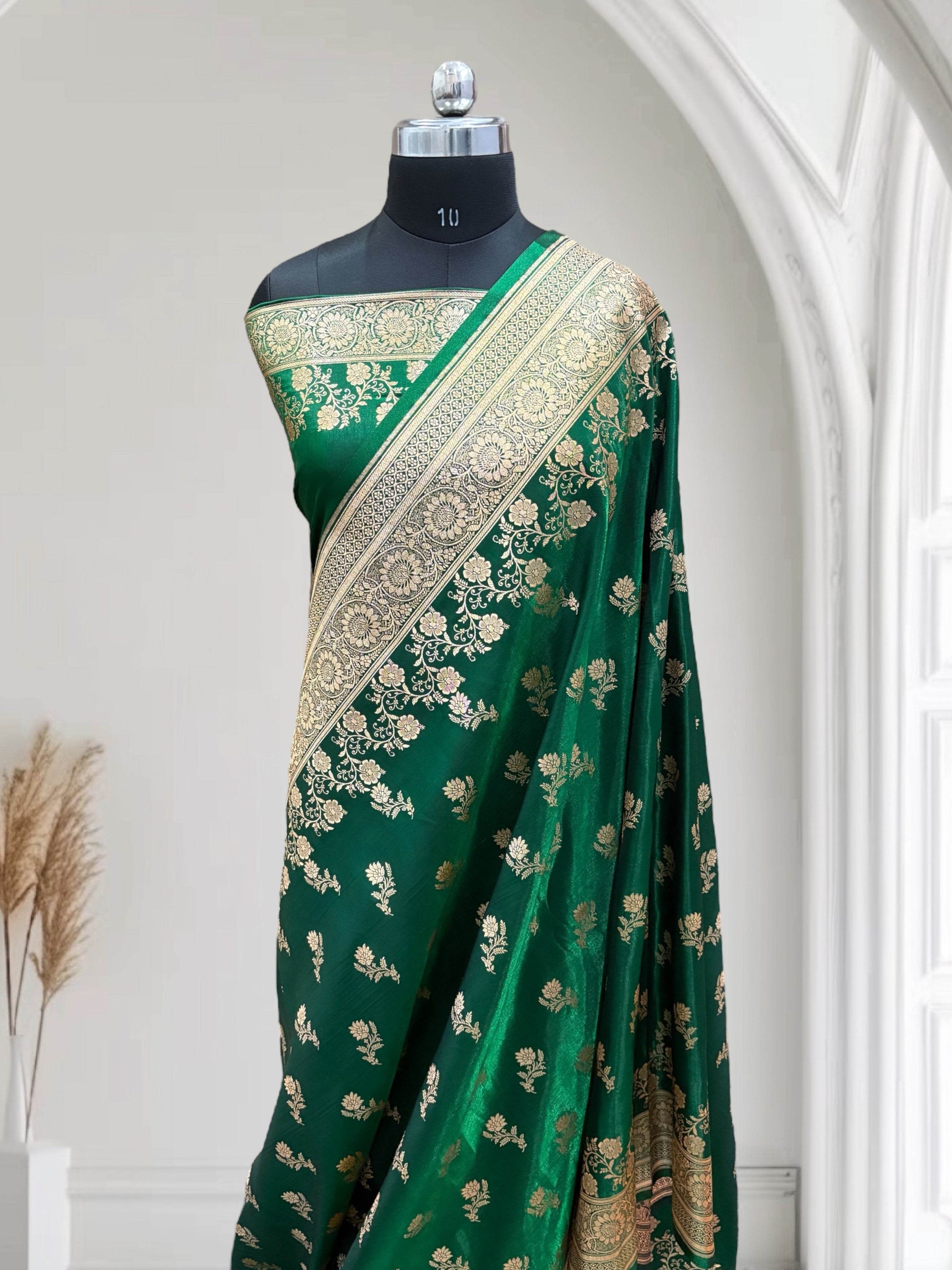 Green with Golden Zari Work and Rose Buti Design Satin Silk Banarasi Saree - Zohra Silk