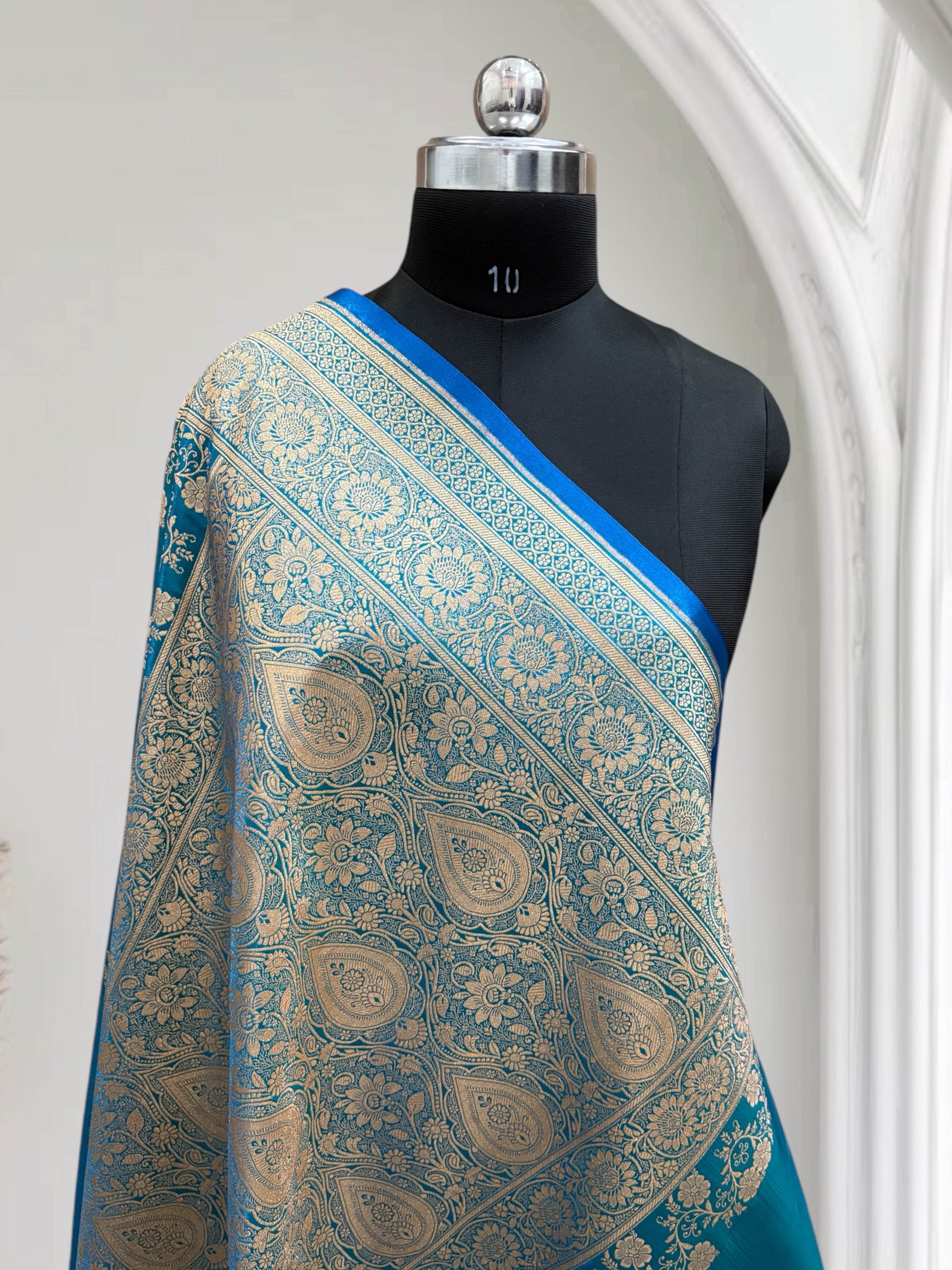 Firoza with Golden Zari Work and Rose Buti Design Satin Silk Banarasi Saree - Zohra Silk