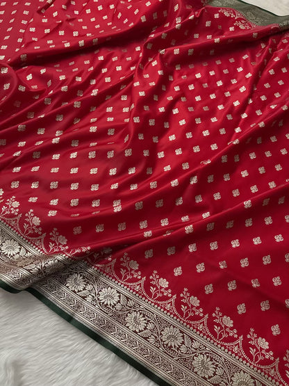 Red & Green Buti Satin Silk Banarasi Saree