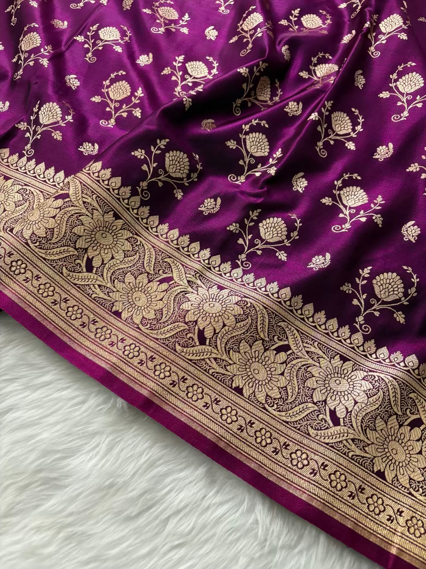 Wine Floral Buti Satin Silk Banarasi Saree
