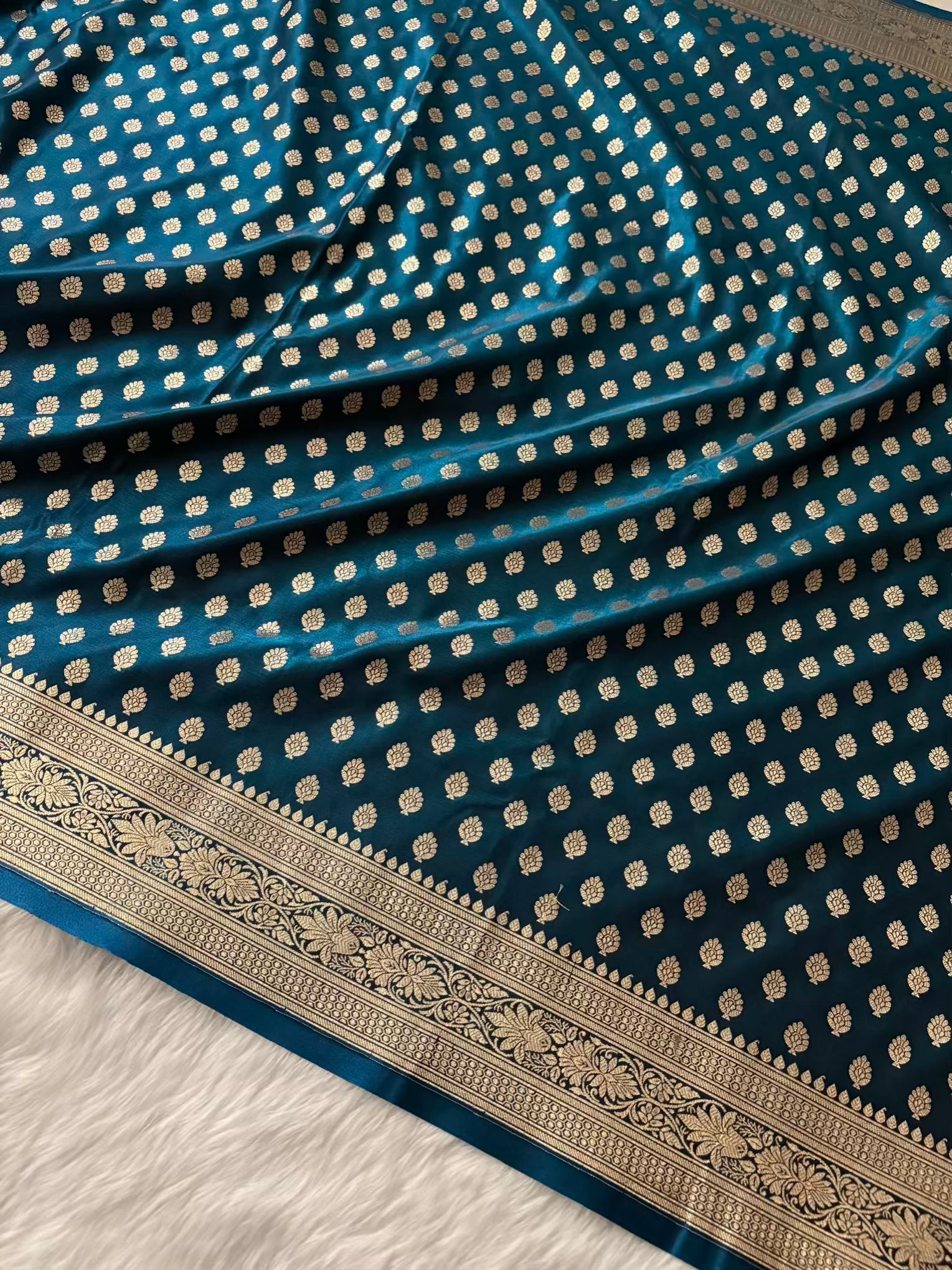 Dark Blue Satin Silk Banarasi Motif Saree