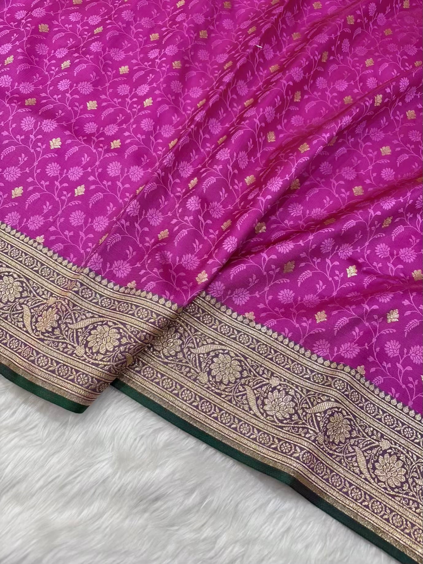 Pink & Green Satin Silk Banarasi Saree Tanchui Jaal