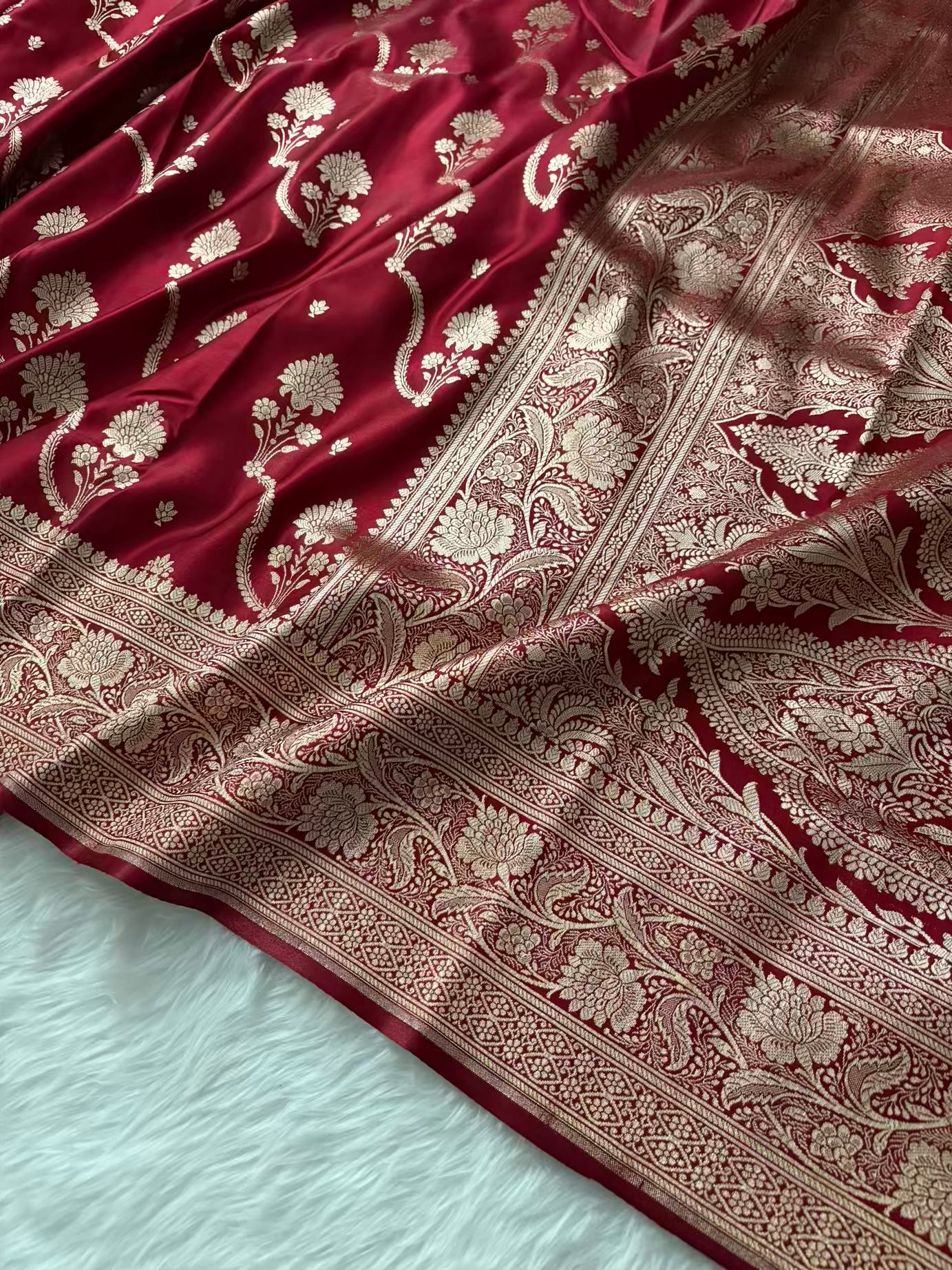 Maroon Satin Silk Banarasi Saree – Tircha Jaal