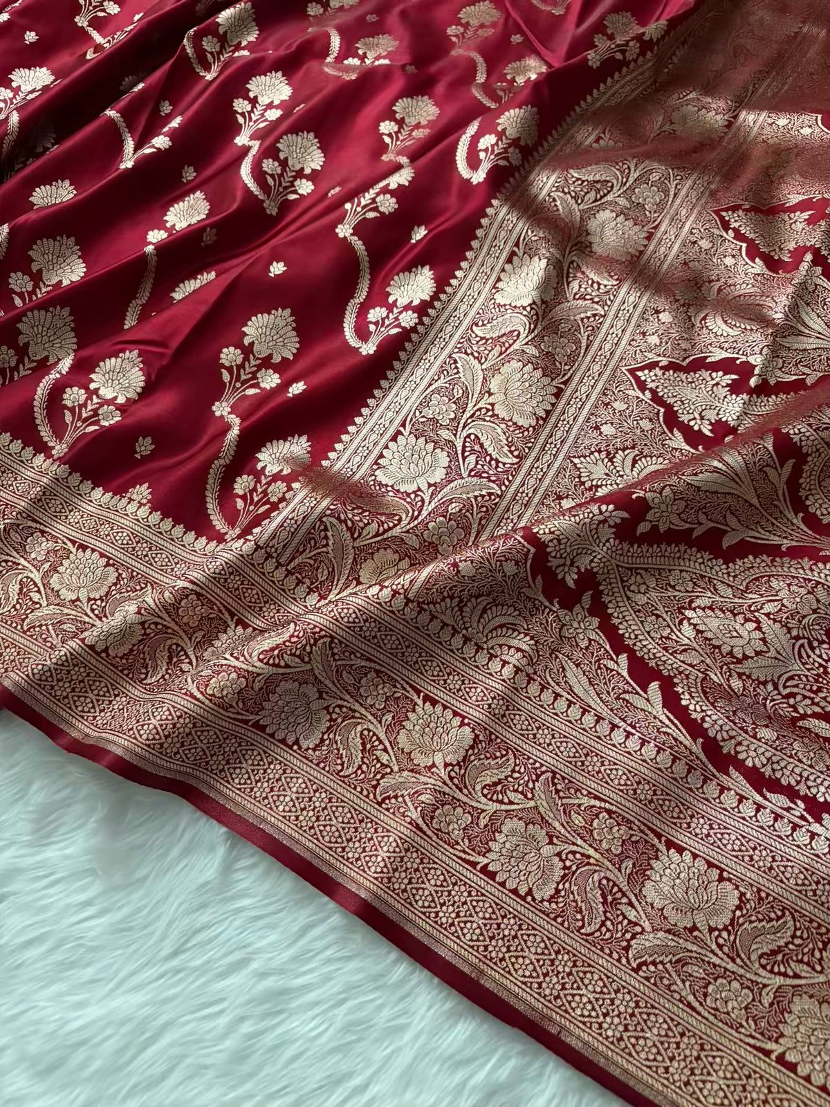 Maroon Satin Silk Banarasi Saree – Tircha Jaal