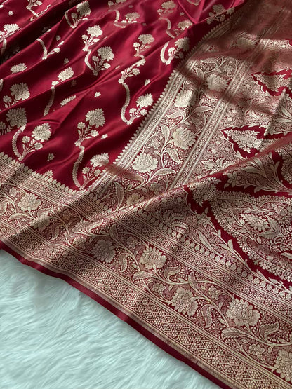 Maroon Satin Silk Banarasi Saree – Tircha Jaal