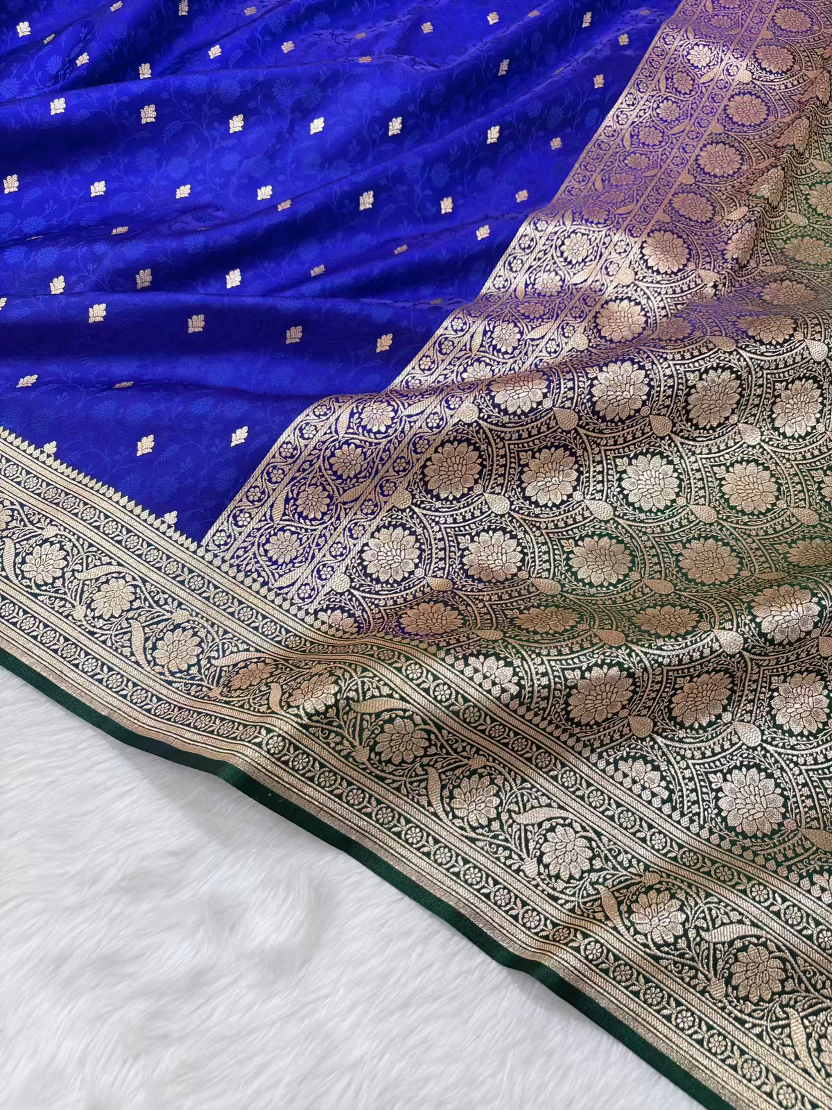 Royal Blue & Green Satin Silk Banarasi Saree Tanchui Jaal