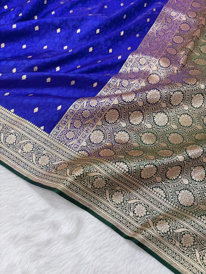 Royal Blue & Green Satin Silk Banarasi Saree Tanchui Jaal