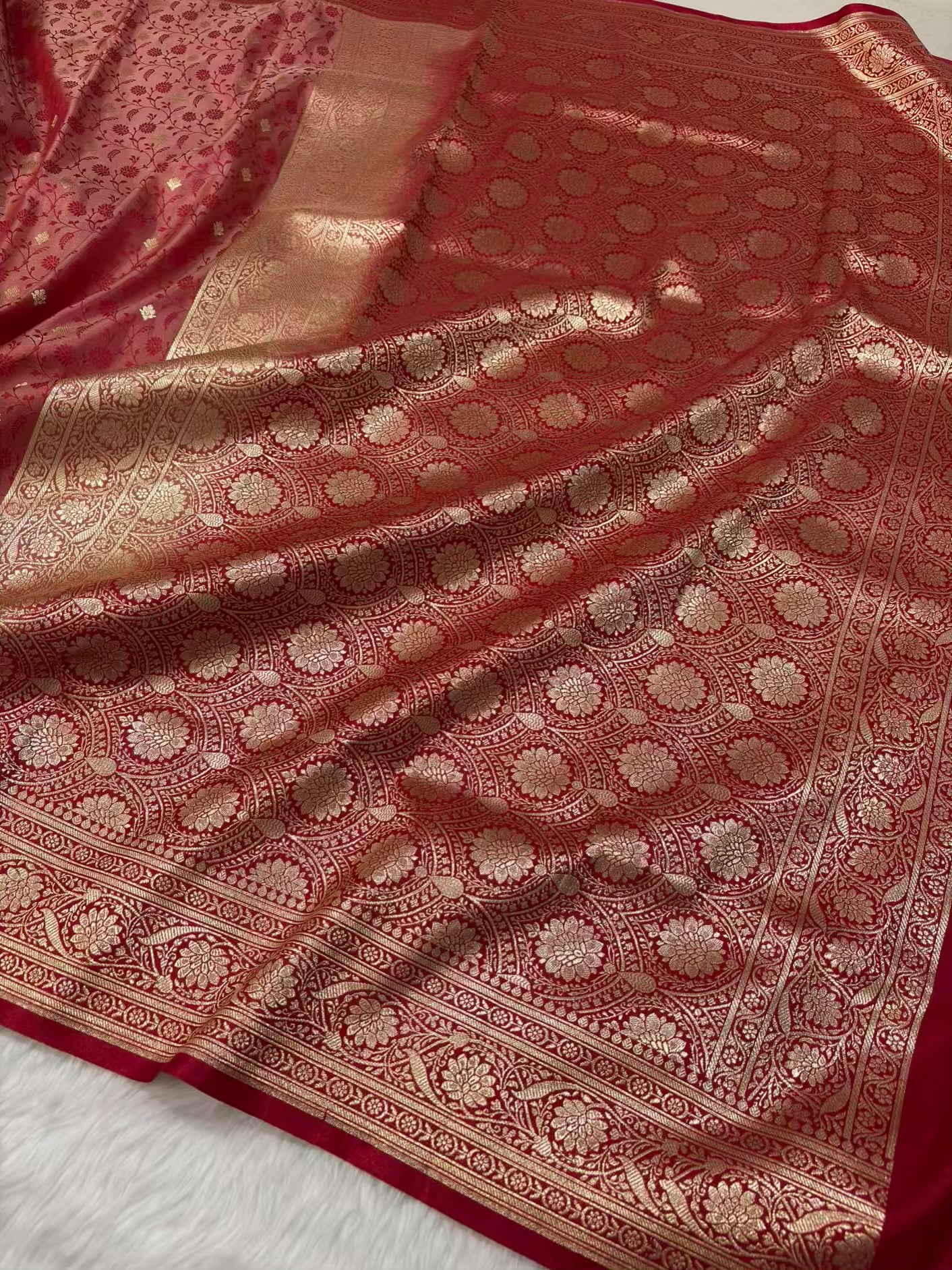 Red & Red Satin Silk Banarasi Saree Tanchui Jaal
