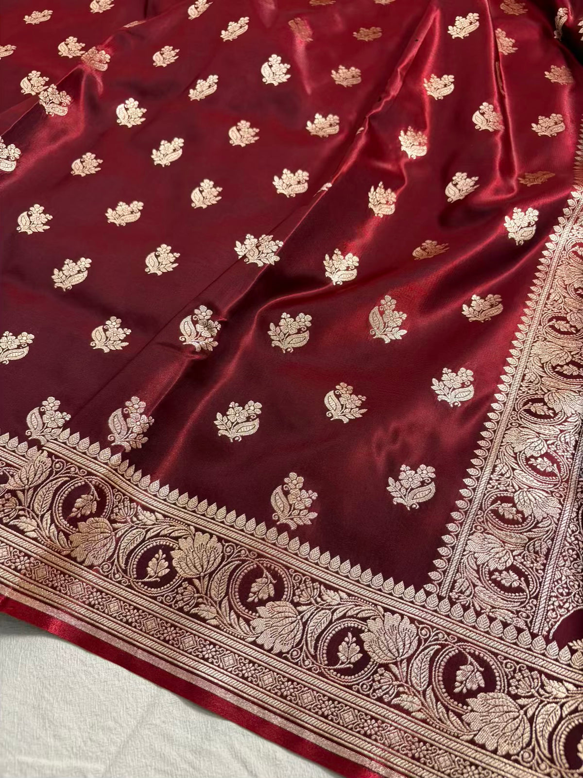 Dark Maroon Satin Silk Motif Banarasi Saree