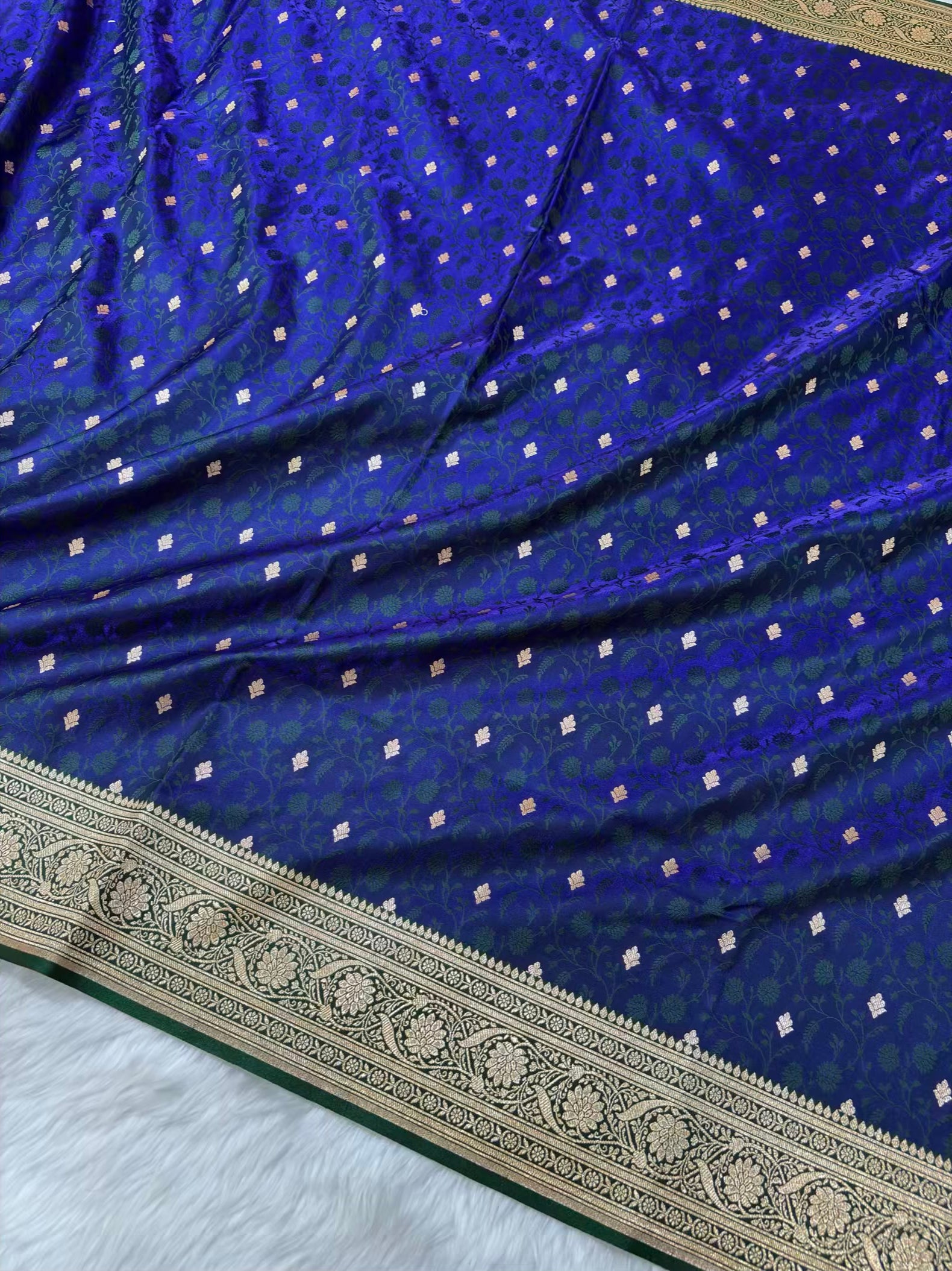 Blue & Green Satin Silk Banarasi Saree Tanchui Jaal