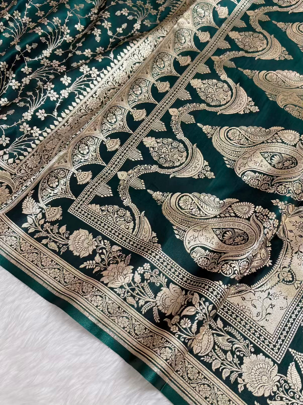 Heavy Jaal Satin Silk Banarasi Saree Teal Green Shades