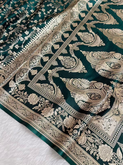 Heavy Jaal Satin Silk Banarasi Saree Teal Green Shades