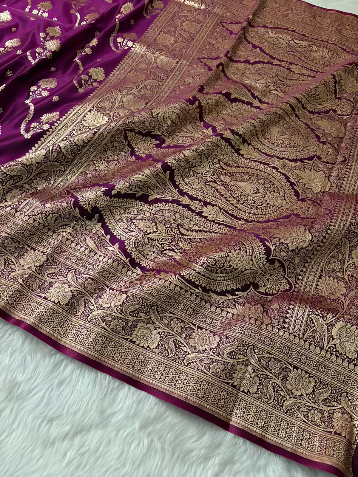 Wine Satin Silk Banarasi Saree – Tircha Jaal