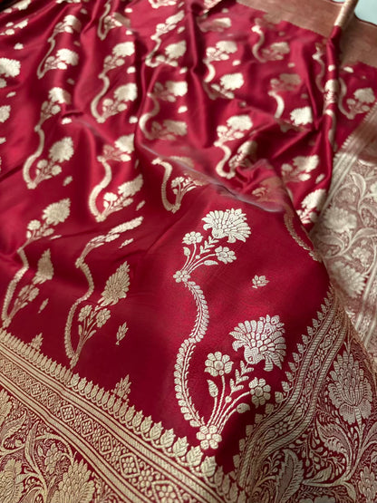 Maroon Satin Silk Banarasi Saree – Tircha Jaal