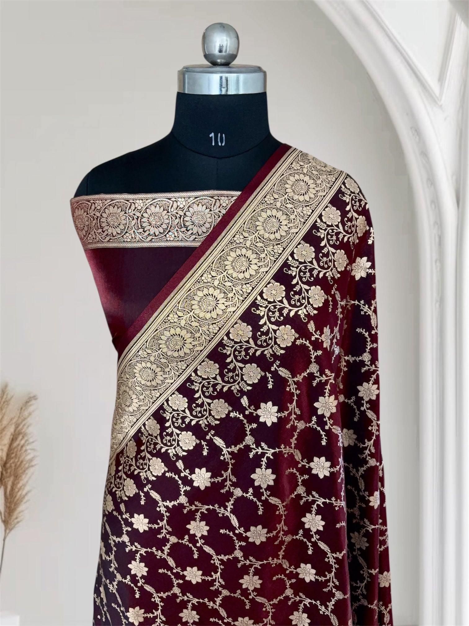 Dark Maroon Satin Silk Banarasi Saree Floral Swarna Latika Jaal