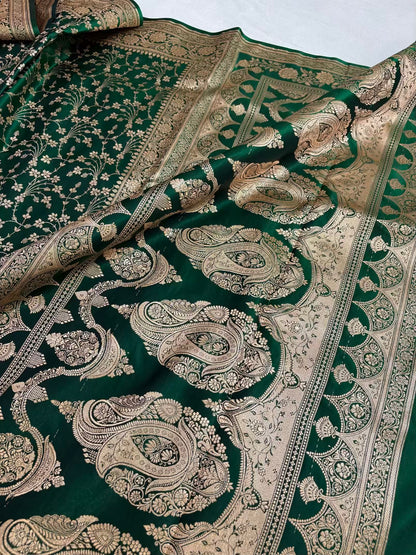 Heavy Jaal Satin Silk Banarasi Saree Botel Green Shades