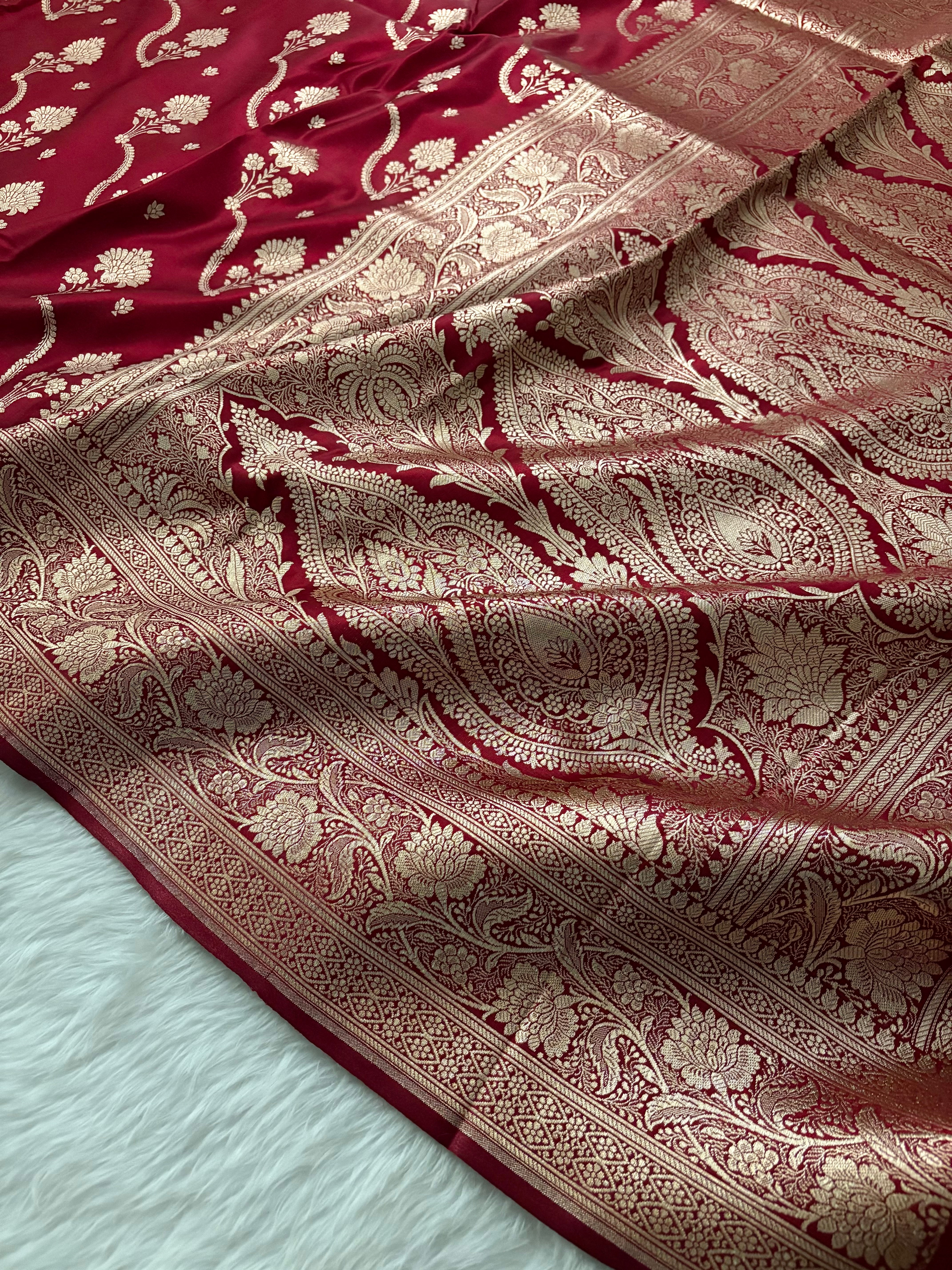 MorPankhi Maroon Satin Silk Banarasi Saree