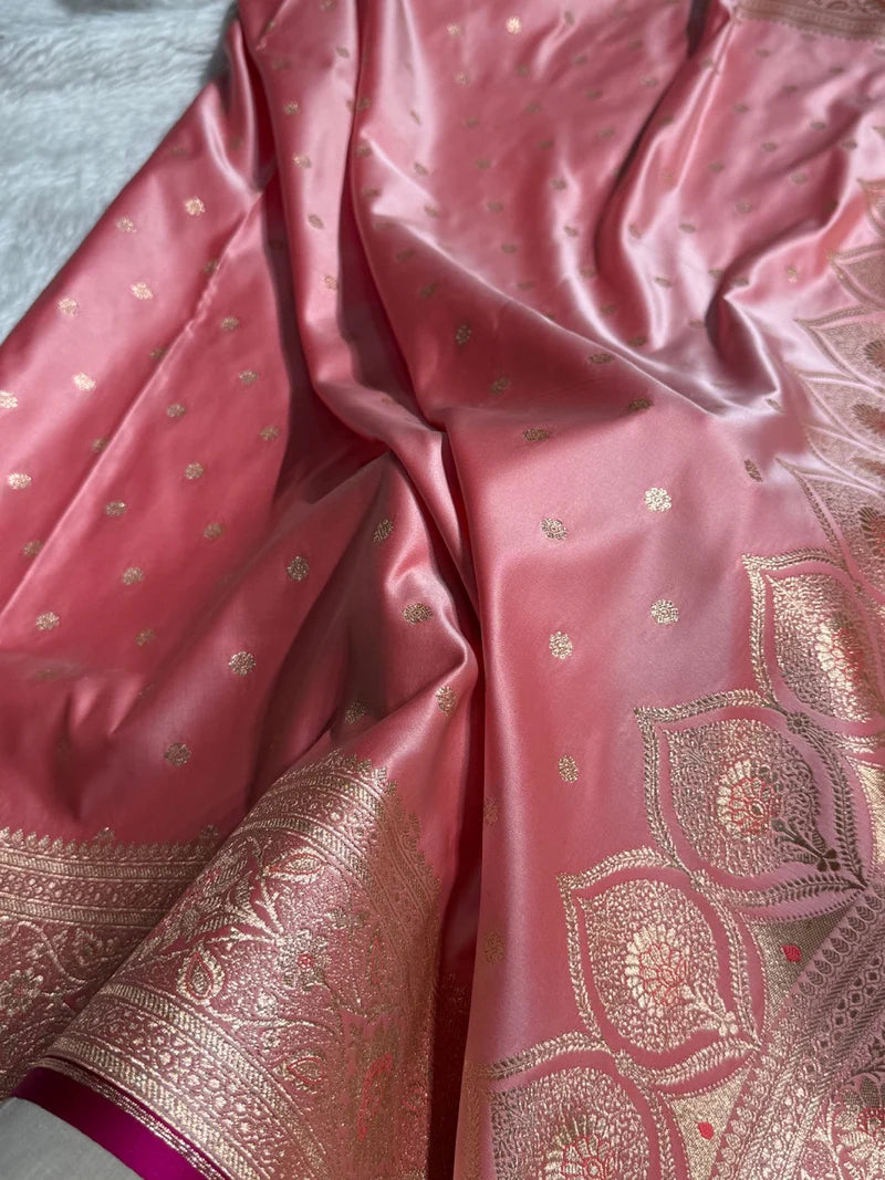 Baby Pink Booti Satin katan Silk Saree