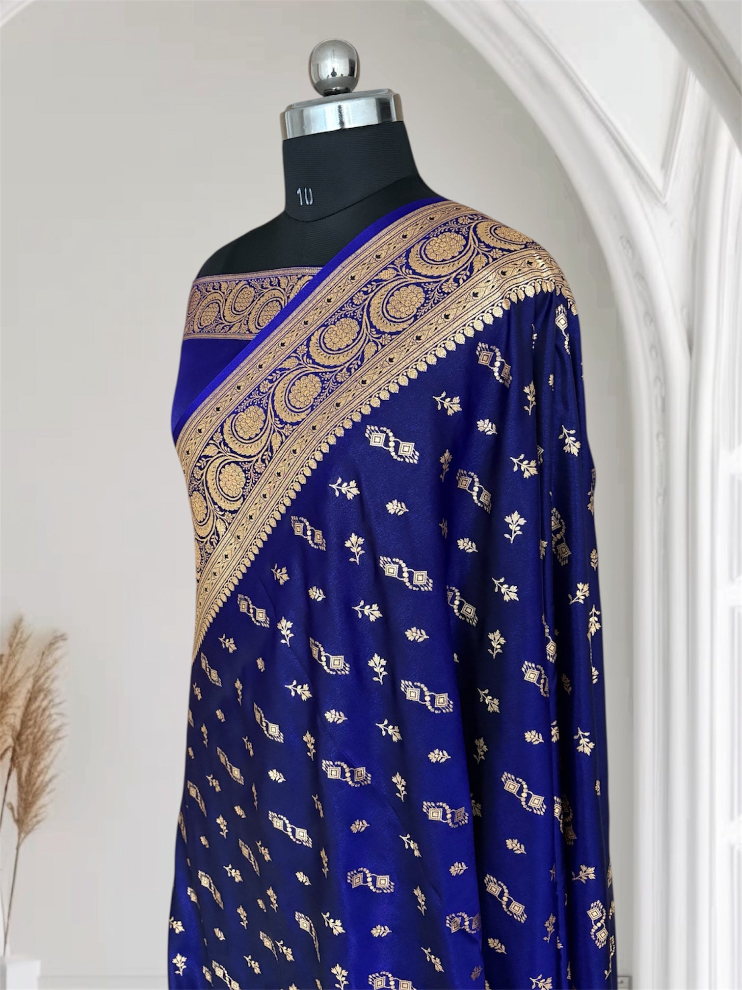 Blue Motifs Satin Silk Banarasi Saree