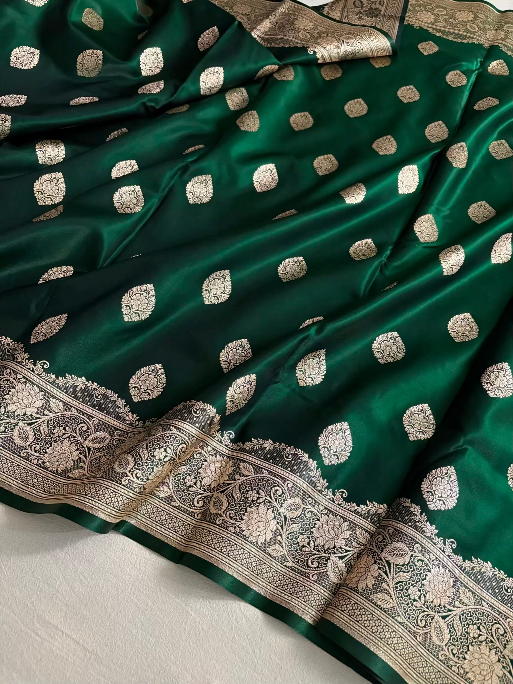 Dark Green Satin Silk Banarasi Saree Jhaad Motif