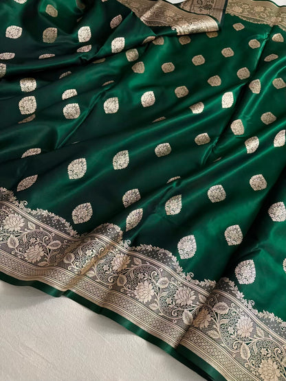Dark Green Satin Silk Banarasi Saree Jhaad Motif