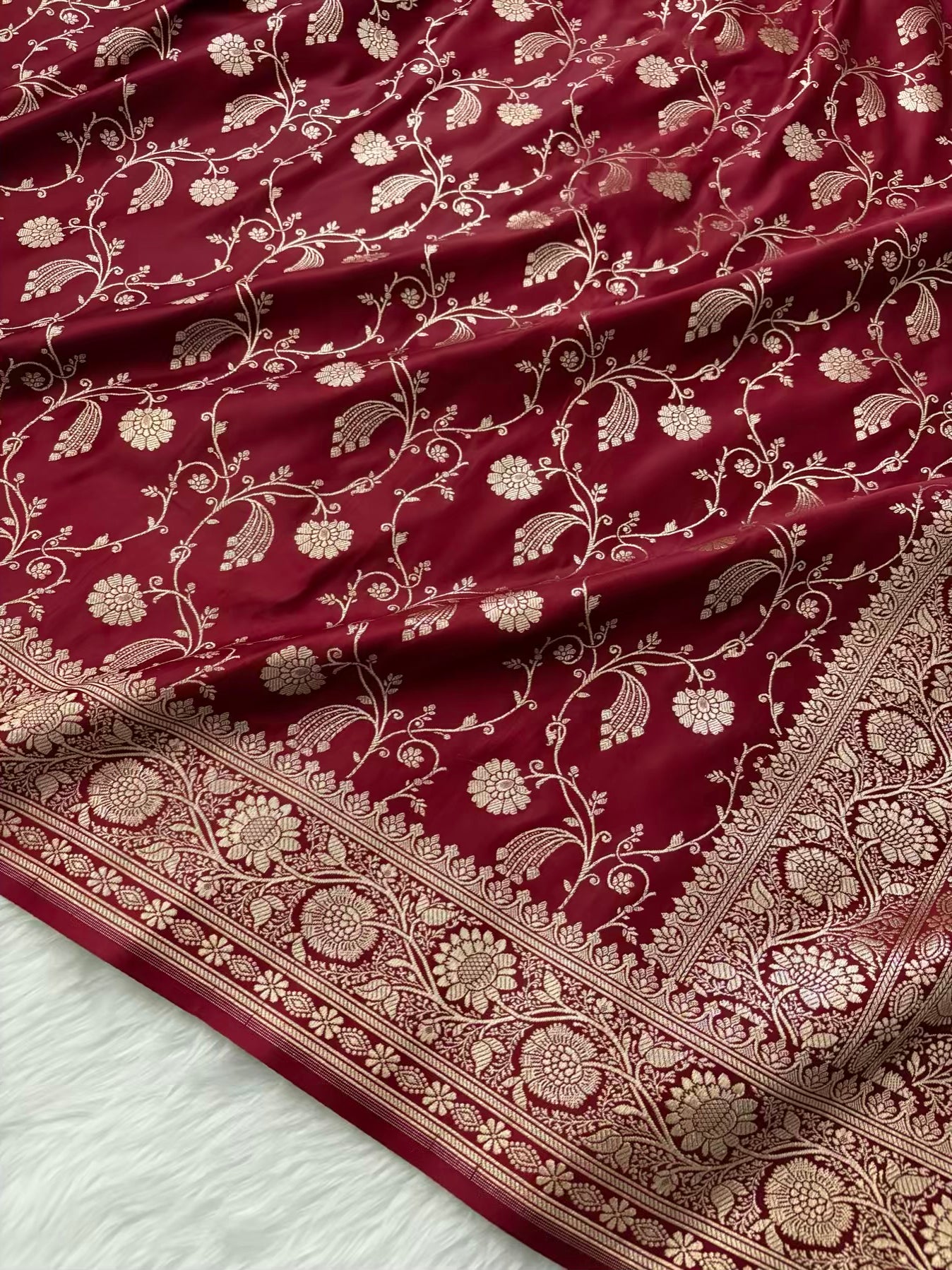 Maroon Kataan Satin Silk Banarasi Saree Bridal Jaal