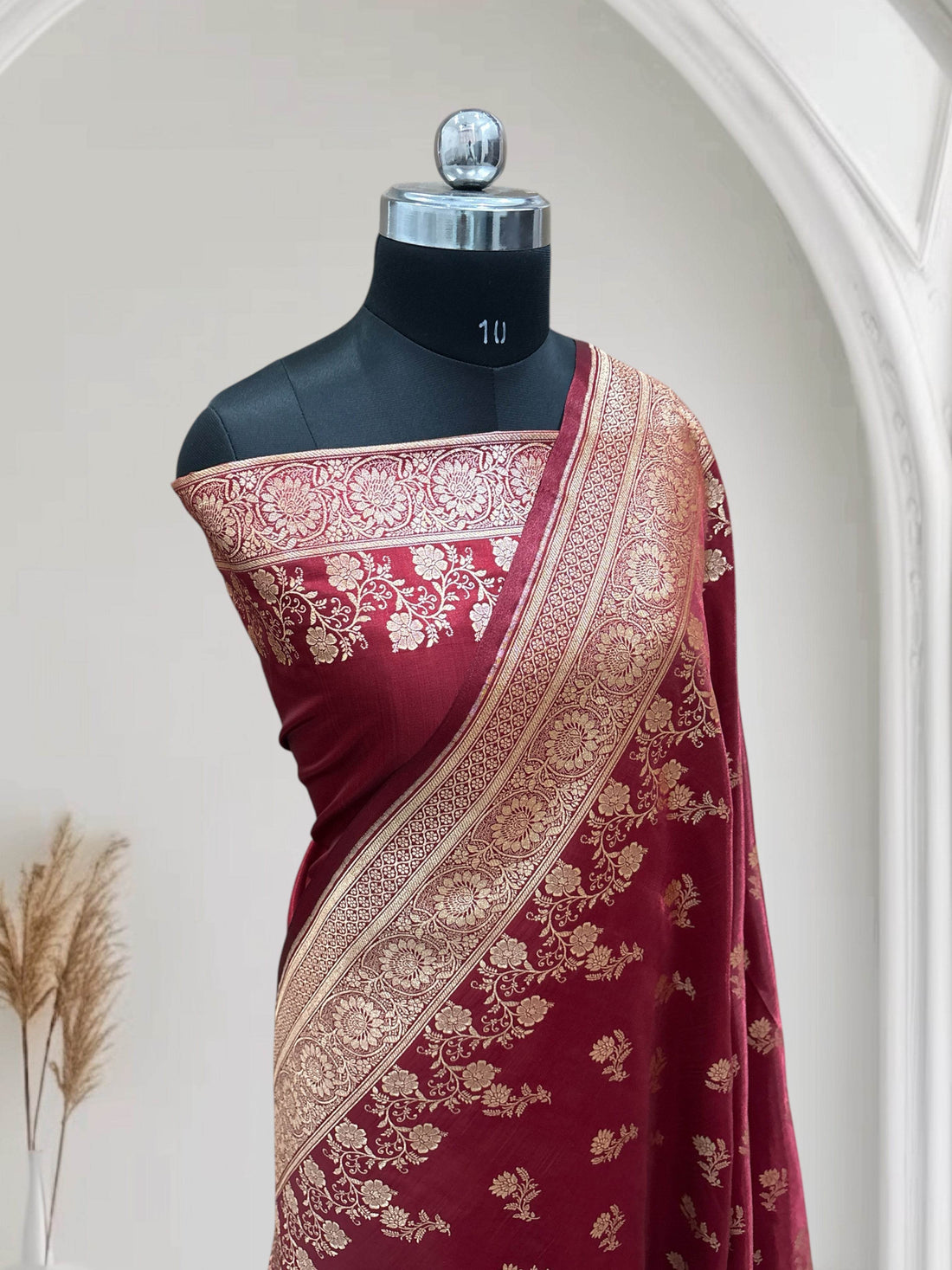 Maroon with Golden Zari Work and Rose Buti Design Satin Silk Banarasi Saree - Zohra Silk