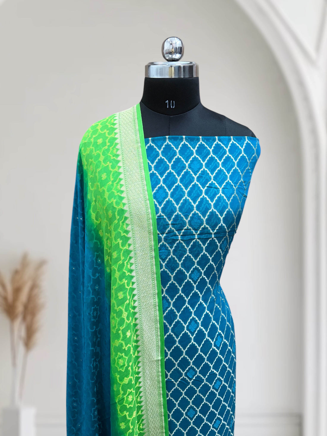 Firoza & Lime Green Pure Chiffon Georgette Banarasi Suit - Zohra Silk