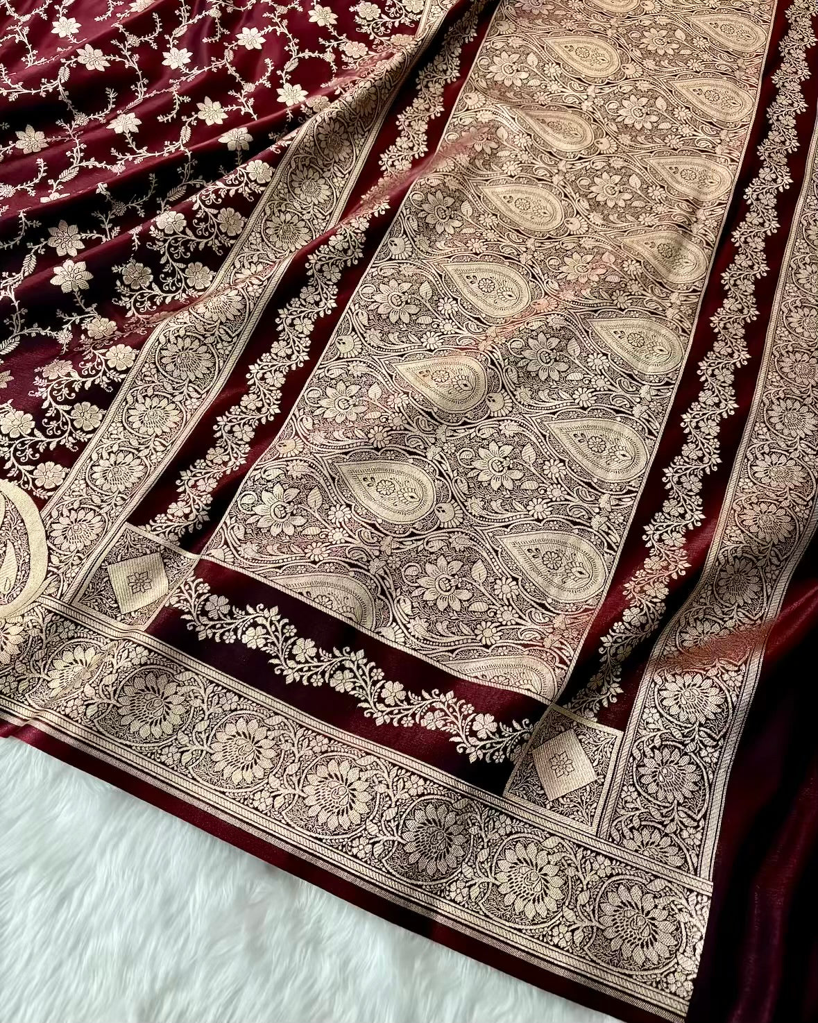 Dark Maroon Satin Silk Banarasi Saree Floral Swarna Latika Jaal